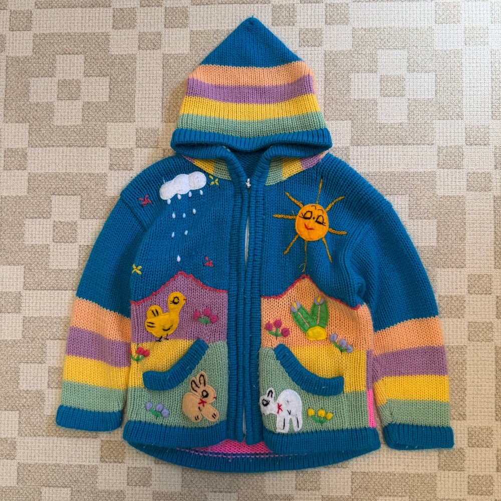 Vintage Kids Handmade Chunky Knit Hooded Sweater Animal Applique Zip Up 3T 13x16